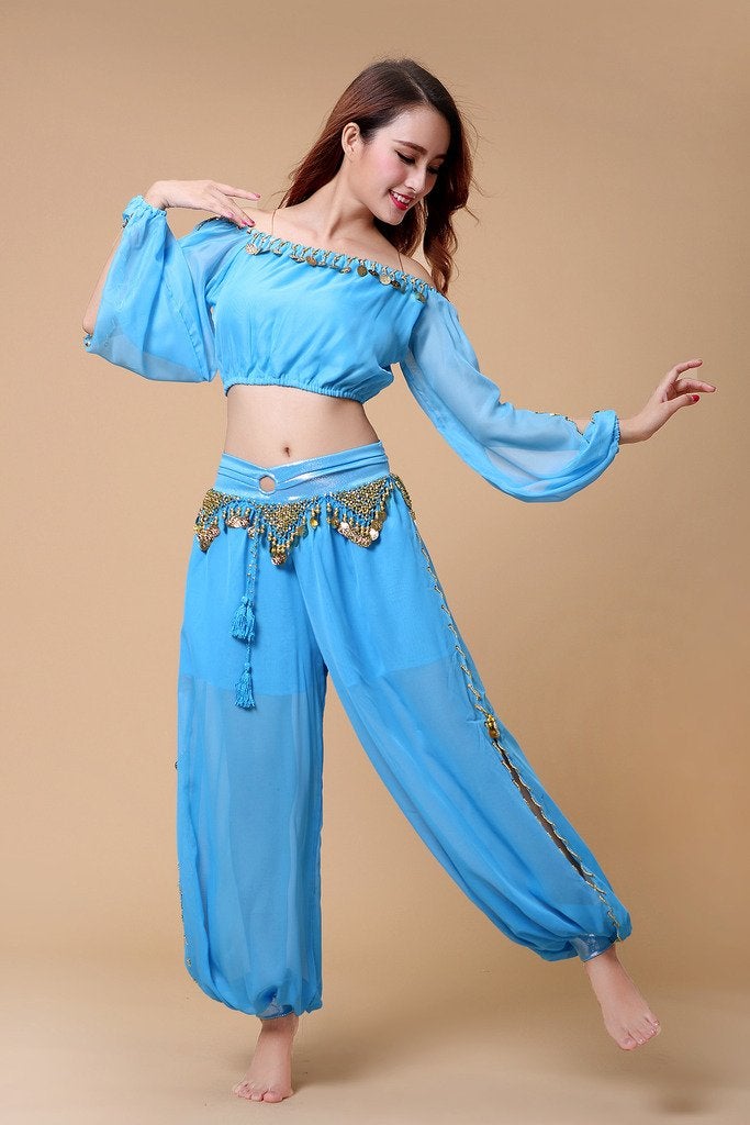 ZLTdream Belly Dance Chiffon Long Sleeves Top and Lantern Coins Pants Light Blue - Image 3